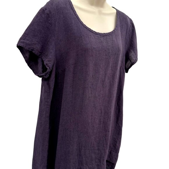 Flax Womens Eggplant 100% Linen Relaxed Scoop Neck Short Sleeve Tunic Dress M - Picture 3 of 10